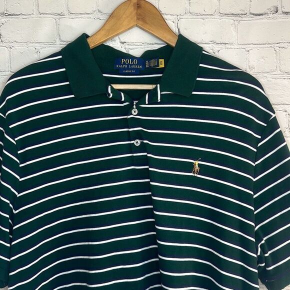 Polo Ralph Lauren Mens Classic Fit Green Blue Striped Polo Shirt Short Sleeve XL - Picture 2 of 10